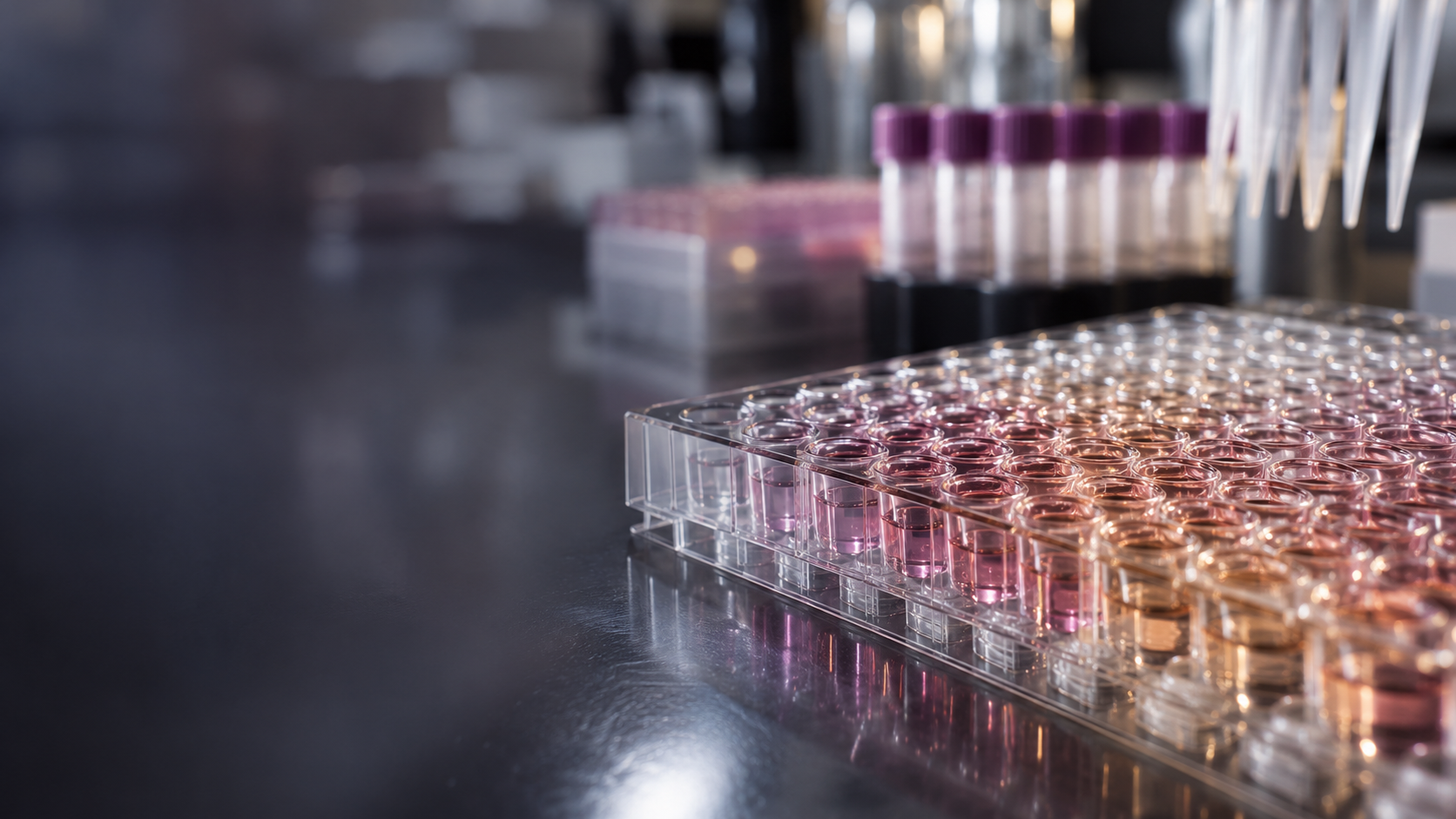Laboratory microplate with assay samples and pipettes in the background